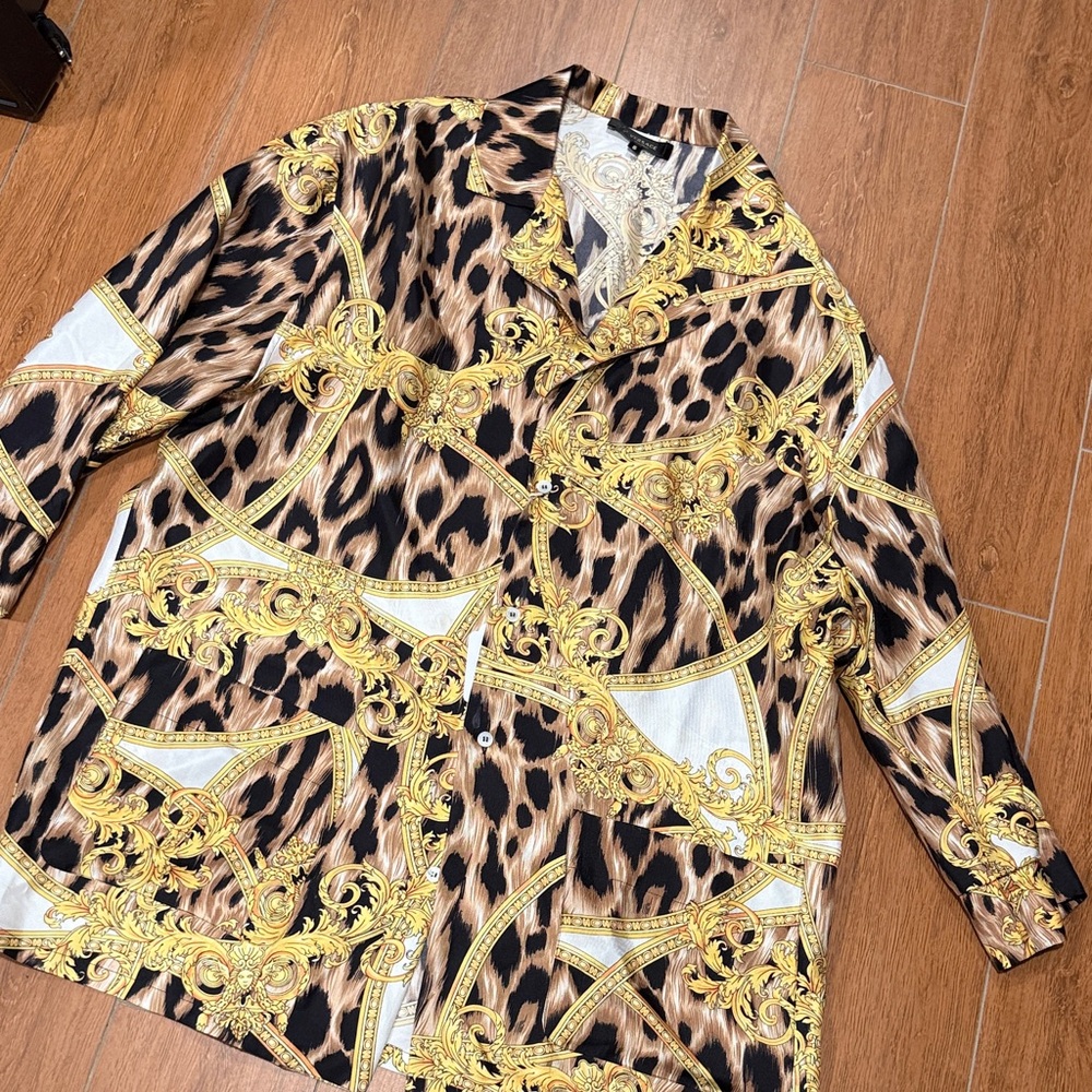 Versace Leopard Print Button Down Shirt with Gold Details